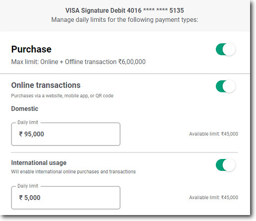 Image Showing the Debit Card Limit Management Section of Internet Banking