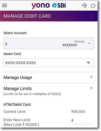 Image Showing the Debit Card Limit Management Section of Mobile Banking App