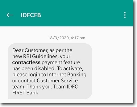 SMS From Bank Telling the Contactless Payments are Disabled as per the RBI Guidelines