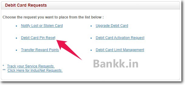 Click on Debit Card PIN Reset - IndusNet