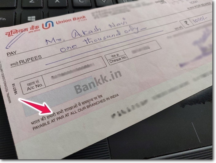 Example of Union Bank of India Cheque