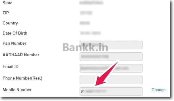 Mobile Number Displayed in Profile Section of SBI Internet Banking