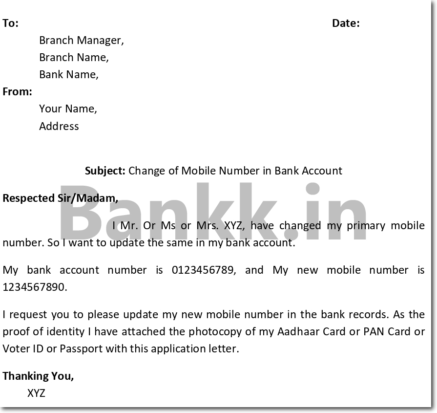 Sample Application Letter to Change Mobile Number in Bank Account