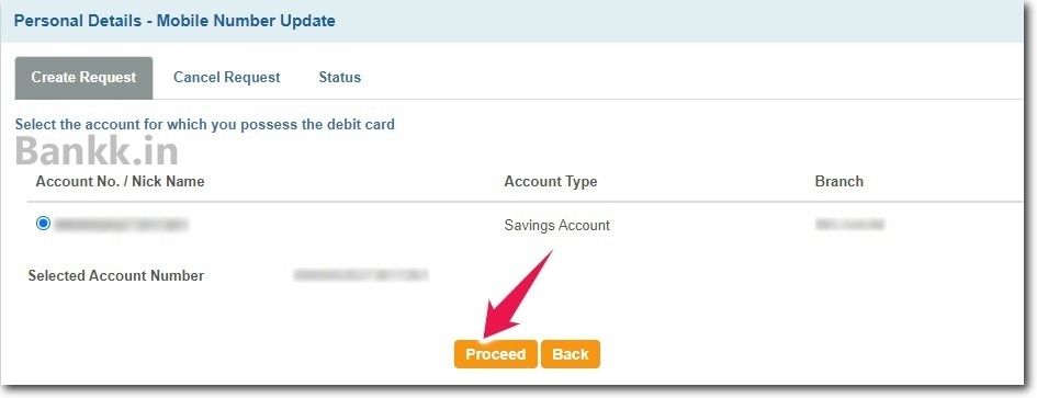 Select your bank account number and click on the "Proceed" button