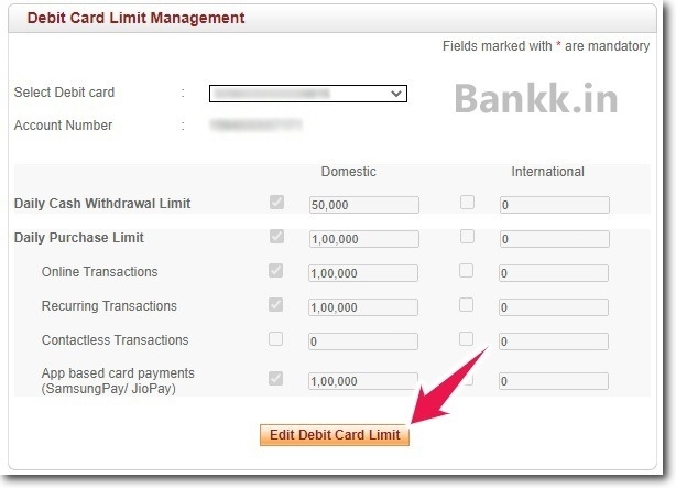 Click on Debit Card Limit