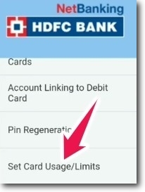 Select "Set Card Usage/Limits" - HDFC Bank NetBanking