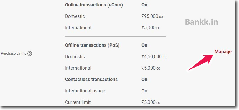 Click on Manage Purchase Limits - IDFC FIRST Bank
